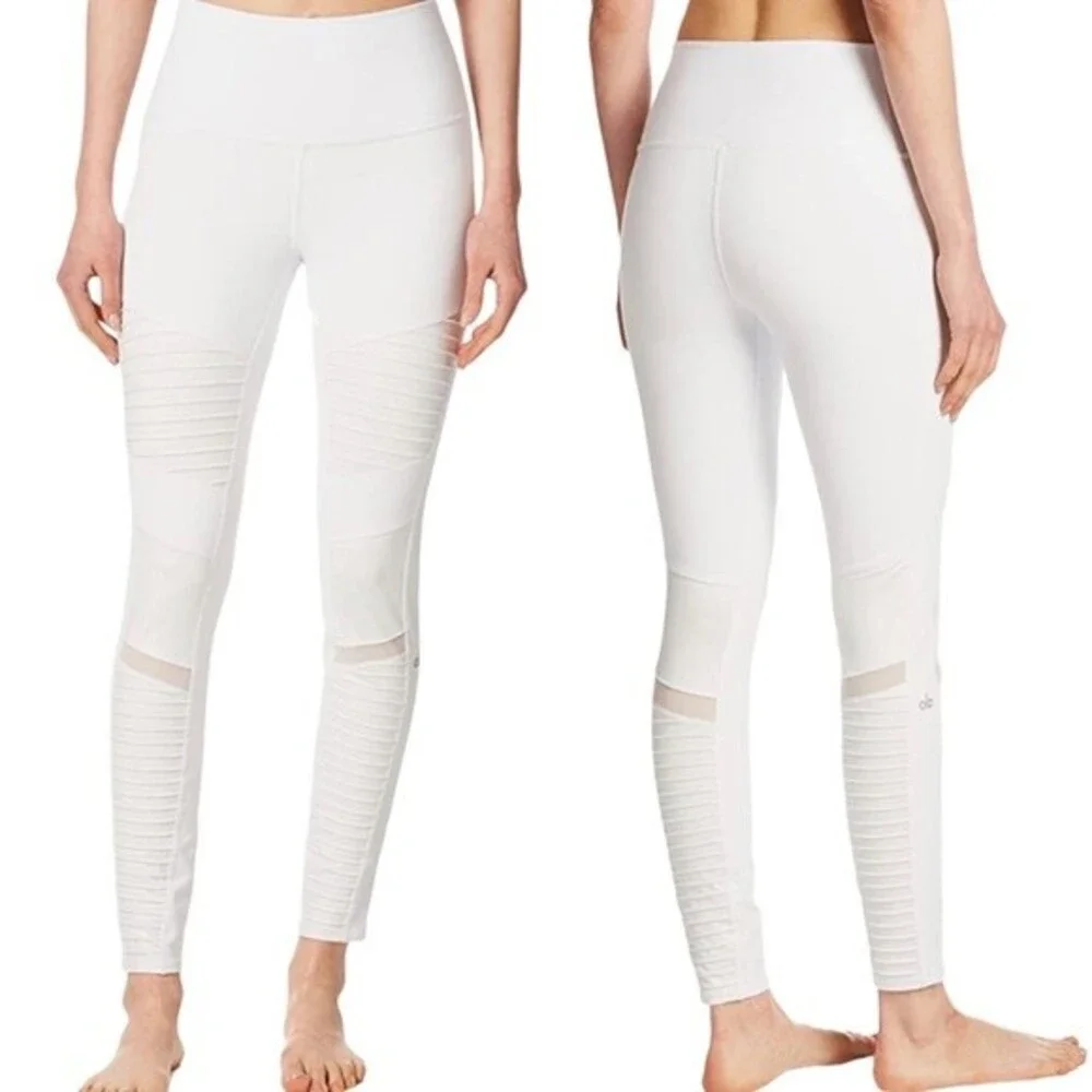 Alo Moto Leggings White Athletic Yoga Pants Stretch Mesh Panels Women’s Size XS